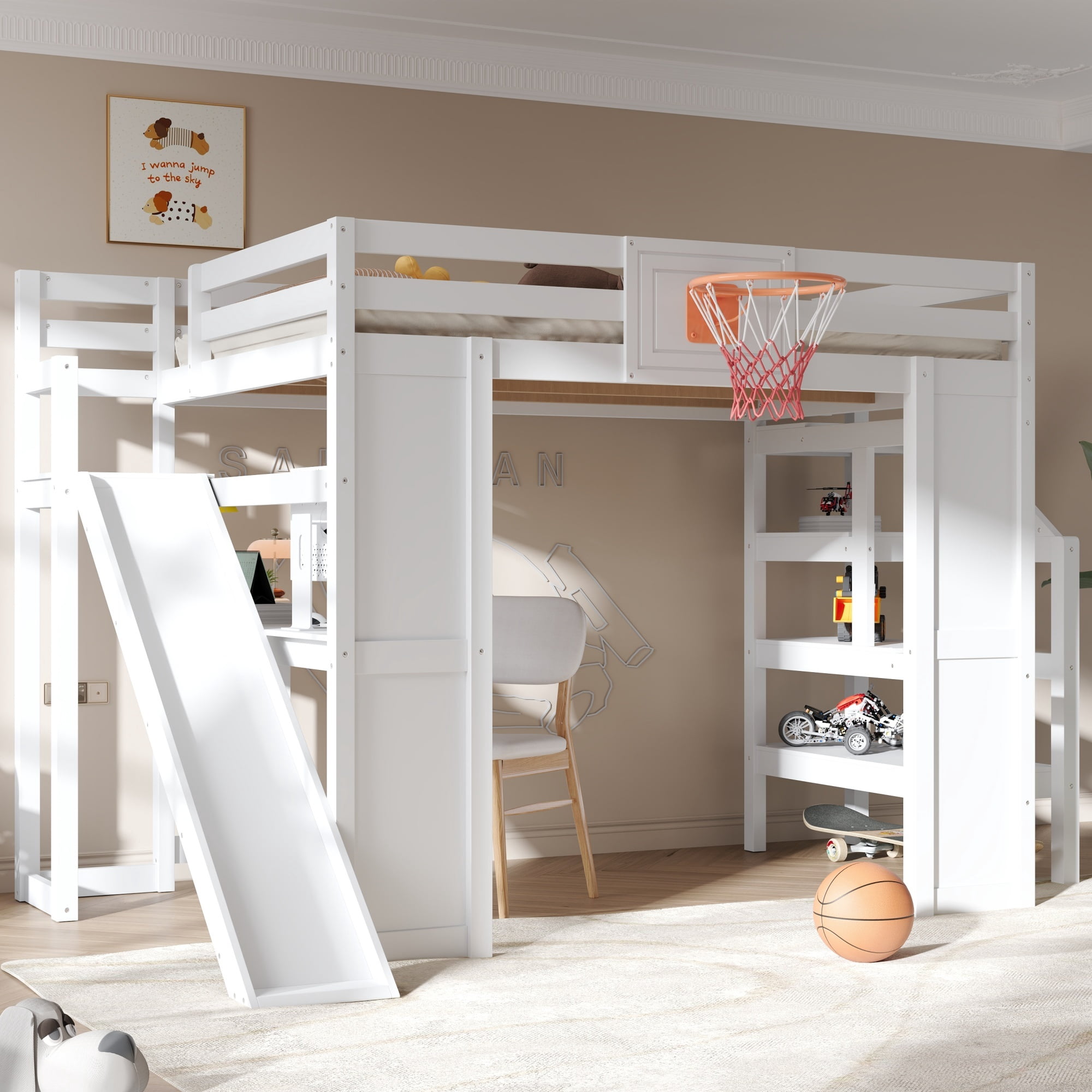 Euroco Wood Full Size Loft Bed with Desk and Shelves, Storage Bed with Basketball Hoop and Slide, White