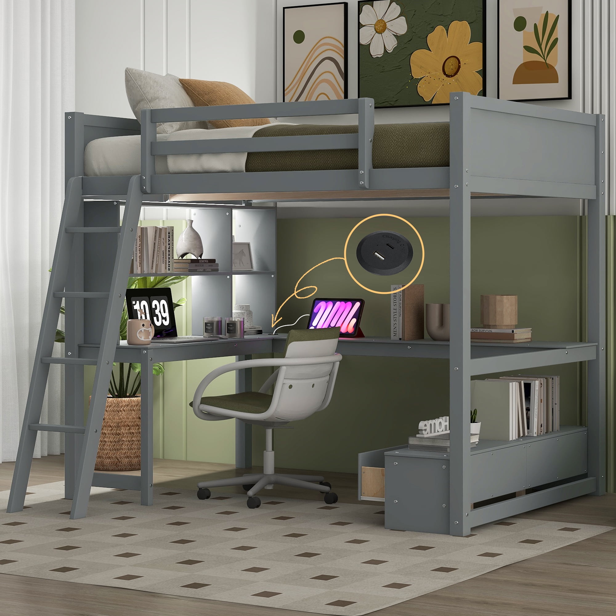Euroco Wood Full Size Loft Bed with Desk and Shelves, Storage Cabinet ...