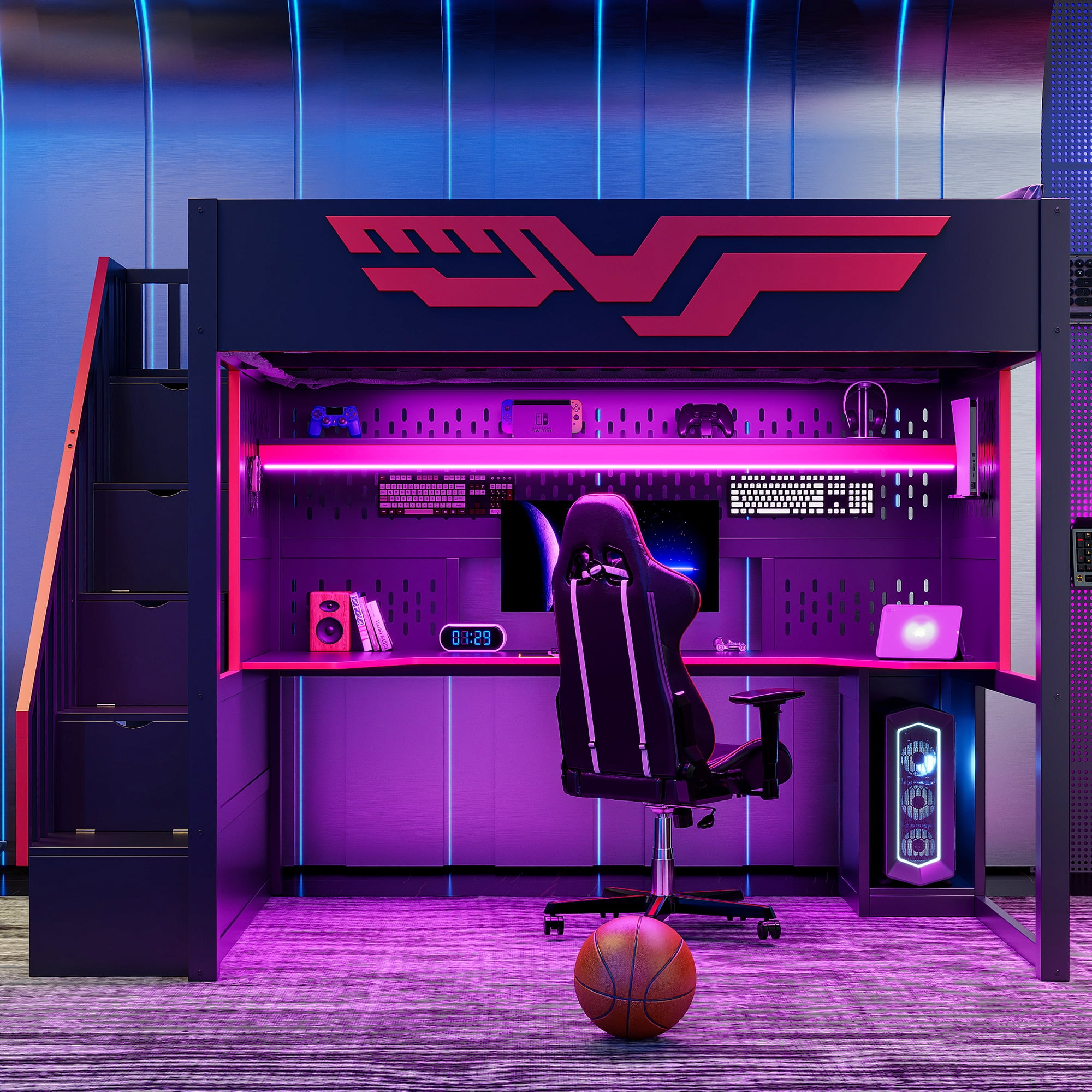 Euroco Wood Full Size Loft Bed with Desk and Staircase, Gaming Bed with LED Light and USB Charging, Black