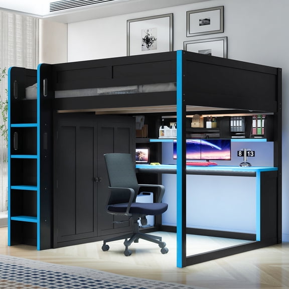 Euroco Wood Full Size Loft Bed with Desk and Wardrobe, Gaming Bed with LED Light and USB Ports, Black