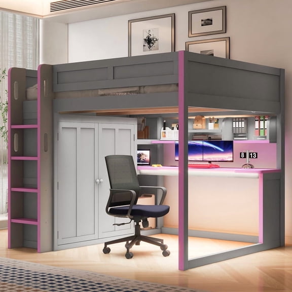 Euroco Wood Full Size Loft Bed with Desk and Wardrobe, Gaming Bed with LED Light and USB Ports, Grey