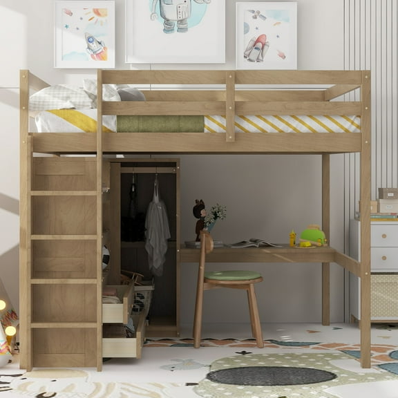 Euroco Wood Full Size Loft Bed with Desk and Wardrobe, Storage Shelves and Bookcase for Kids Teens, Walnut