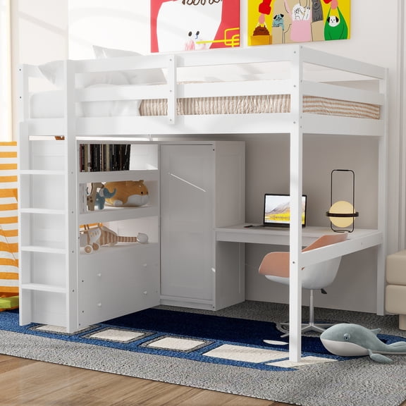 Euroco Wood Full Size Loft Bed with Desk and Wardrobe, Storage Shelves and Bookcase for Kids Teens, White