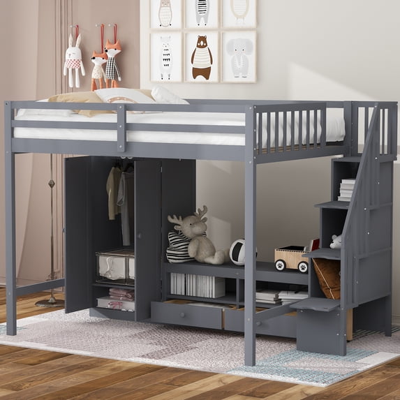 Euroco Wood Full Size Loft Bed with Desk and Wardrobe, Storage Shelves and Cabinets, Gray