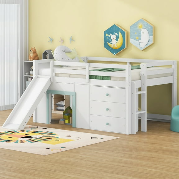 Euroco Wood Full Size Loft Bed with Drawers and Slide, Low Profile Bed with Door and Window for Kids