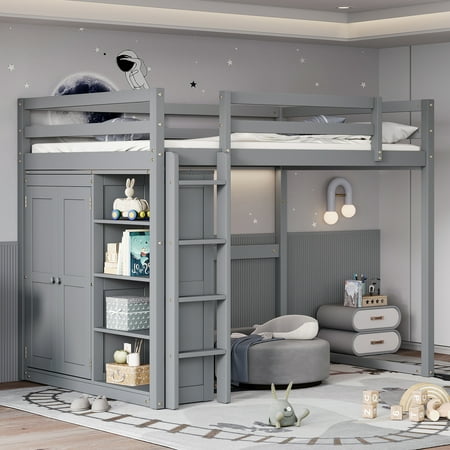 Euroco Wood Full Size Loft Bed with LED Light, Bookcase and Wardrobe, Storage Shelf for Kids Teens, Gray