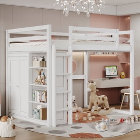 Euroco Wood Full Size Loft Bed with LED Light, Bookcase and Wardrobe, Storage Shelf for Kids Teens, White