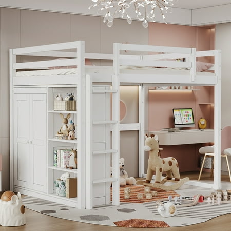 Euroco Wood Full Size Loft Bed with LED Light, Bookcase and Wardrobe, Storage Shelf for Kids Teens, White