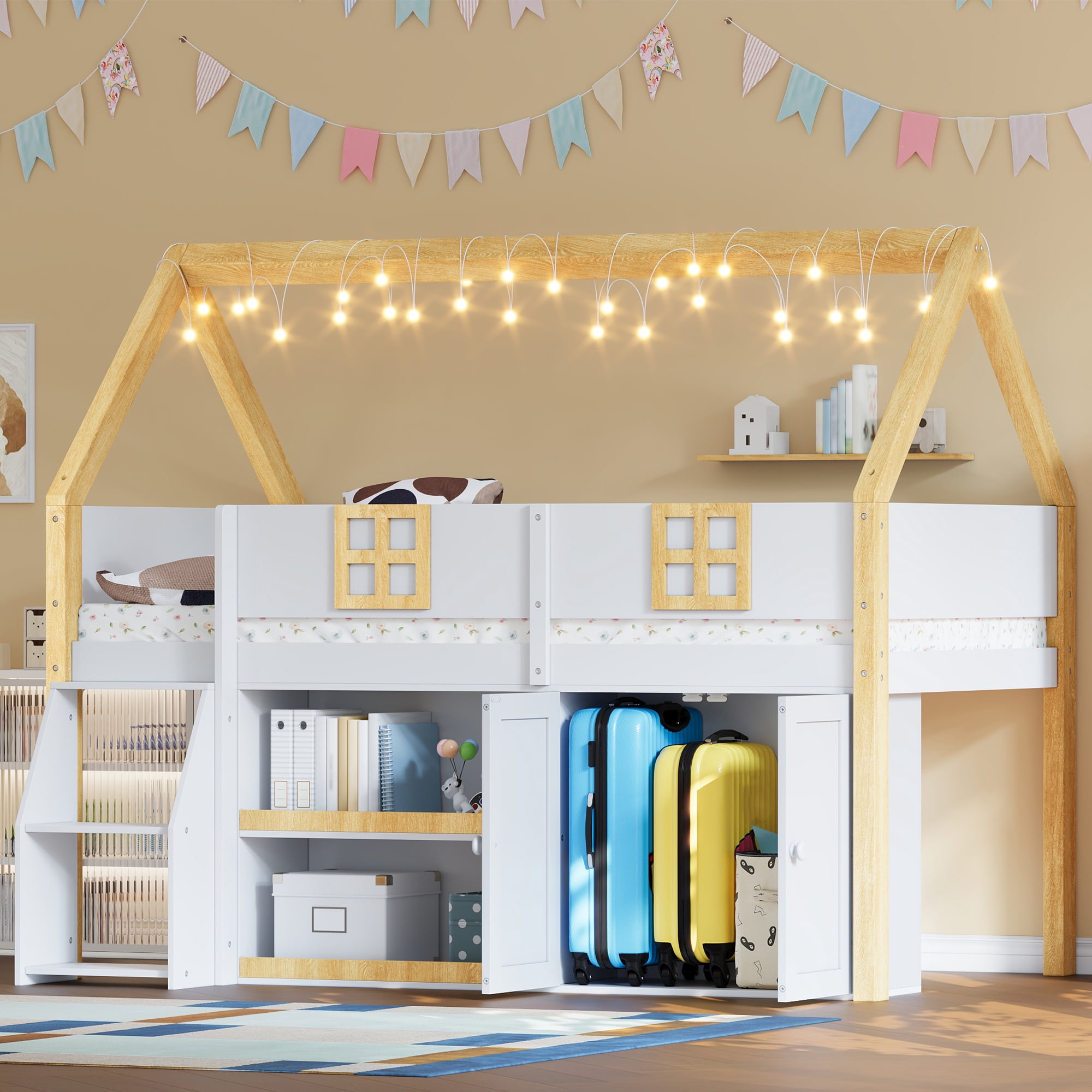 Euroco Wood Full Size Loft Bed with LED Light and Storage Shelves, House Bed with Cabinets, White