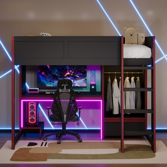 Euroco Wood Full Size Loft Bed with Wardobe, Gaming Bed with Desk and LED Light, Black