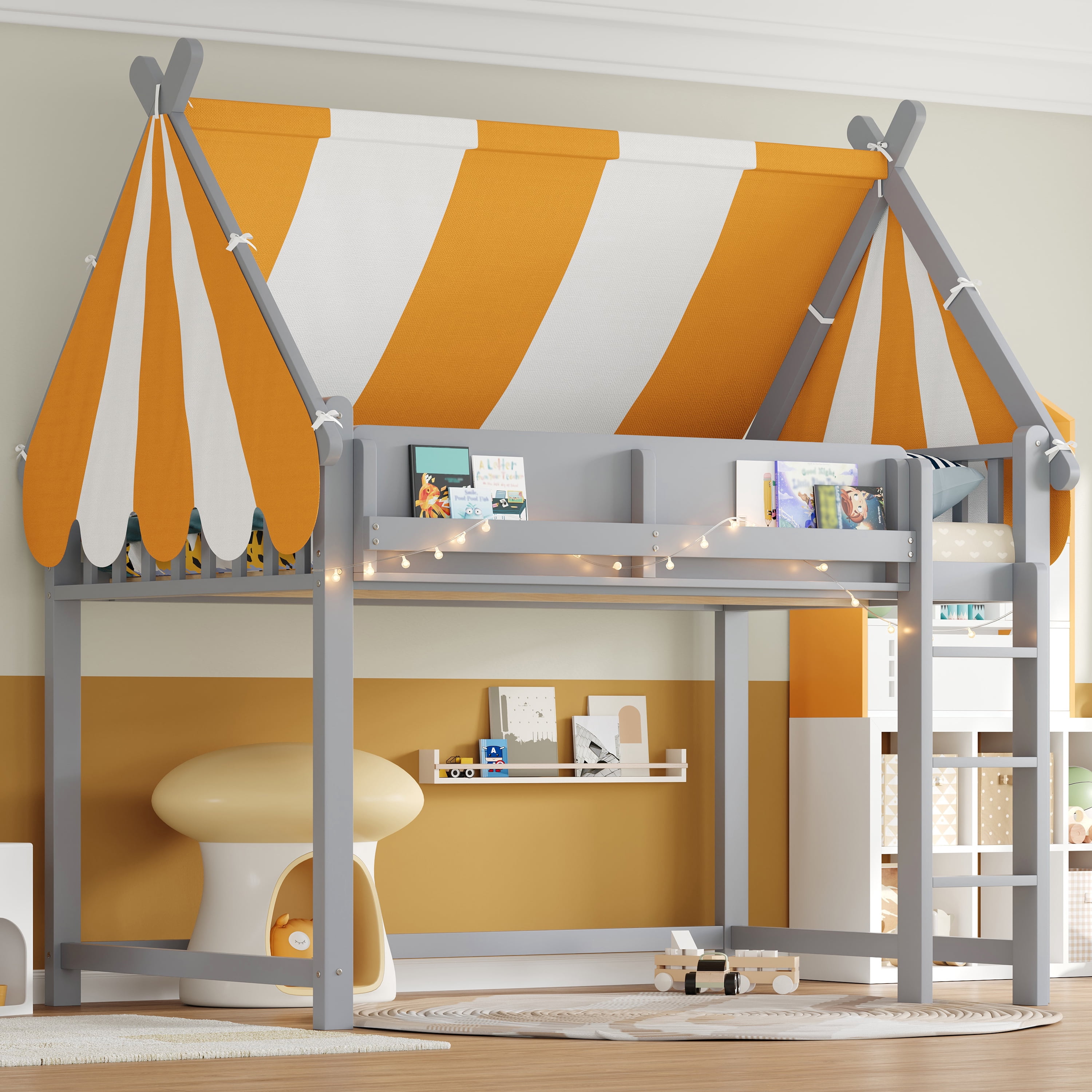 Euroco Wood Full Size Loft Bed with Shelves, House Canopy Bed with LED Light, Gray