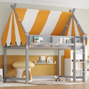 Euroco Wood Full Size Loft Bed with Shelves, House Canopy Bed with LED Light, Gray