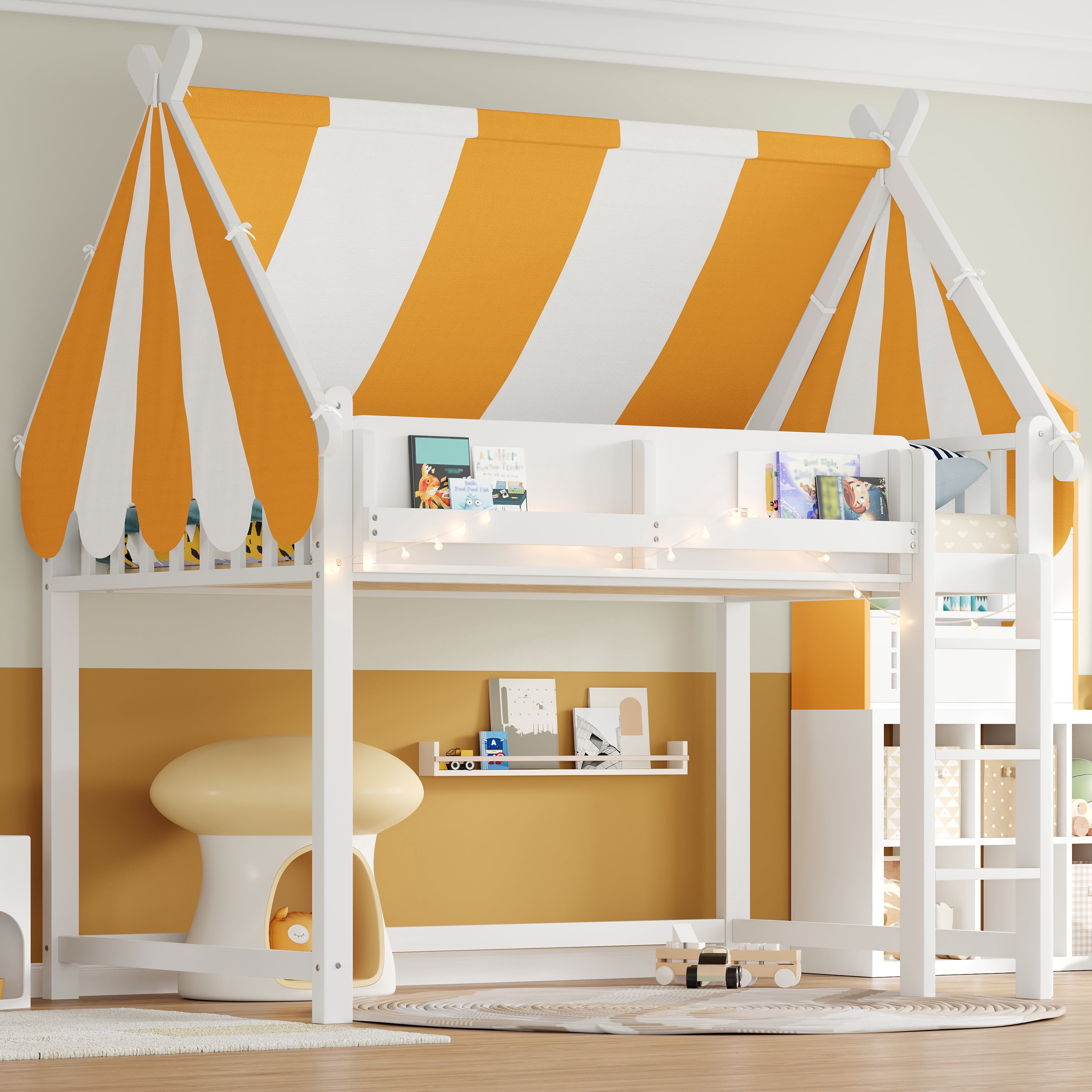 Euroco Wood Full Size Loft Bed with Shelves, House Canopy Bed with LED Light, White