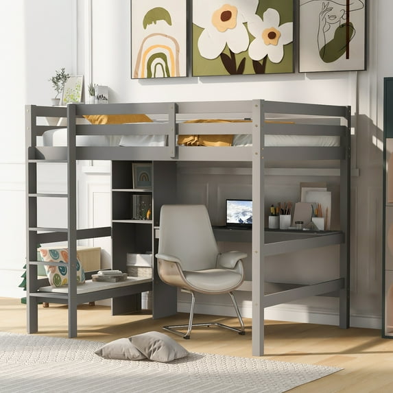 Euroco Wood Full Size Loft Bed with Storage Cabinet, Desk and Bench, Storage Bed for Kids Teens Adults, Gray
