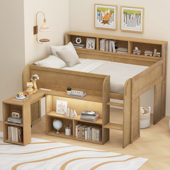 Euroco Wood Full Size Loft Bed with Storage Shelves Desk and LED Light, Walnut