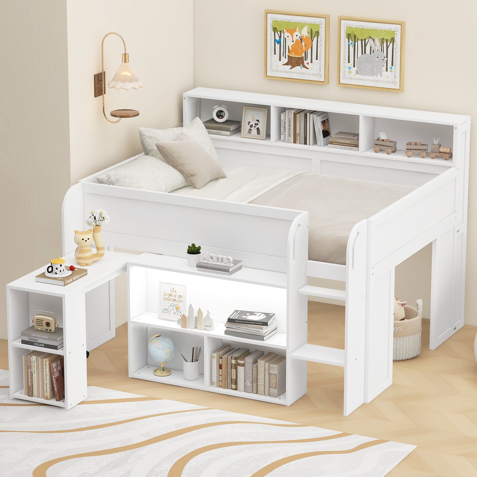 Euroco Wood Full Size Loft Bed with Storage Shelves Desk and LED Light, White