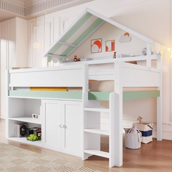 Euroco Wood Full Size Loft Bed with Storage Shelves and Cabinets, Canopy House Bed with with Roof Design, White & Green