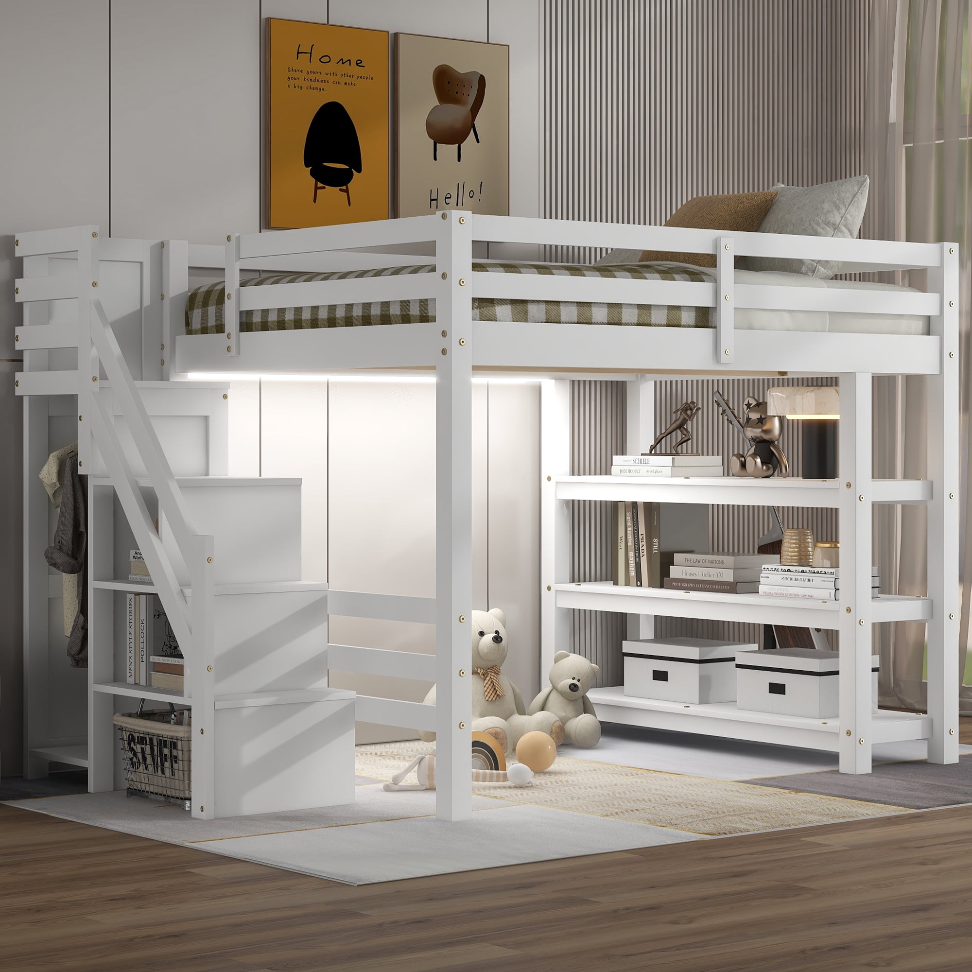 Euroco Wood Full Size Loft Bed with Storage Staircase and Shelves, LED Light and Wardrobe for Kids, White