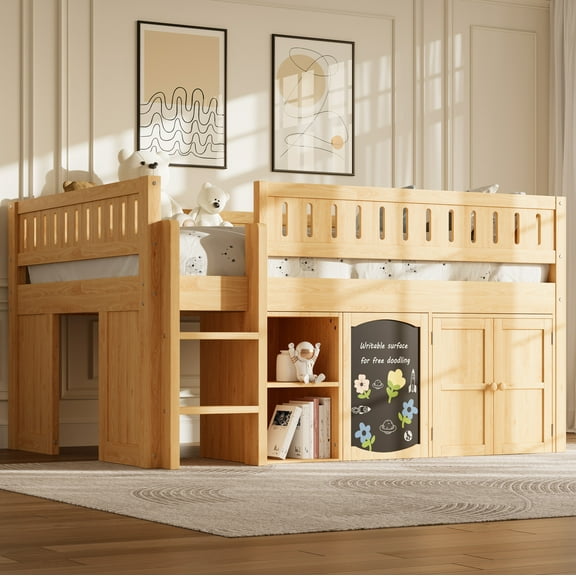 Euroco Wood Full Size Loft Bed with Chalkboard and Shelves,  Cabinet for Kids Teens, Natural