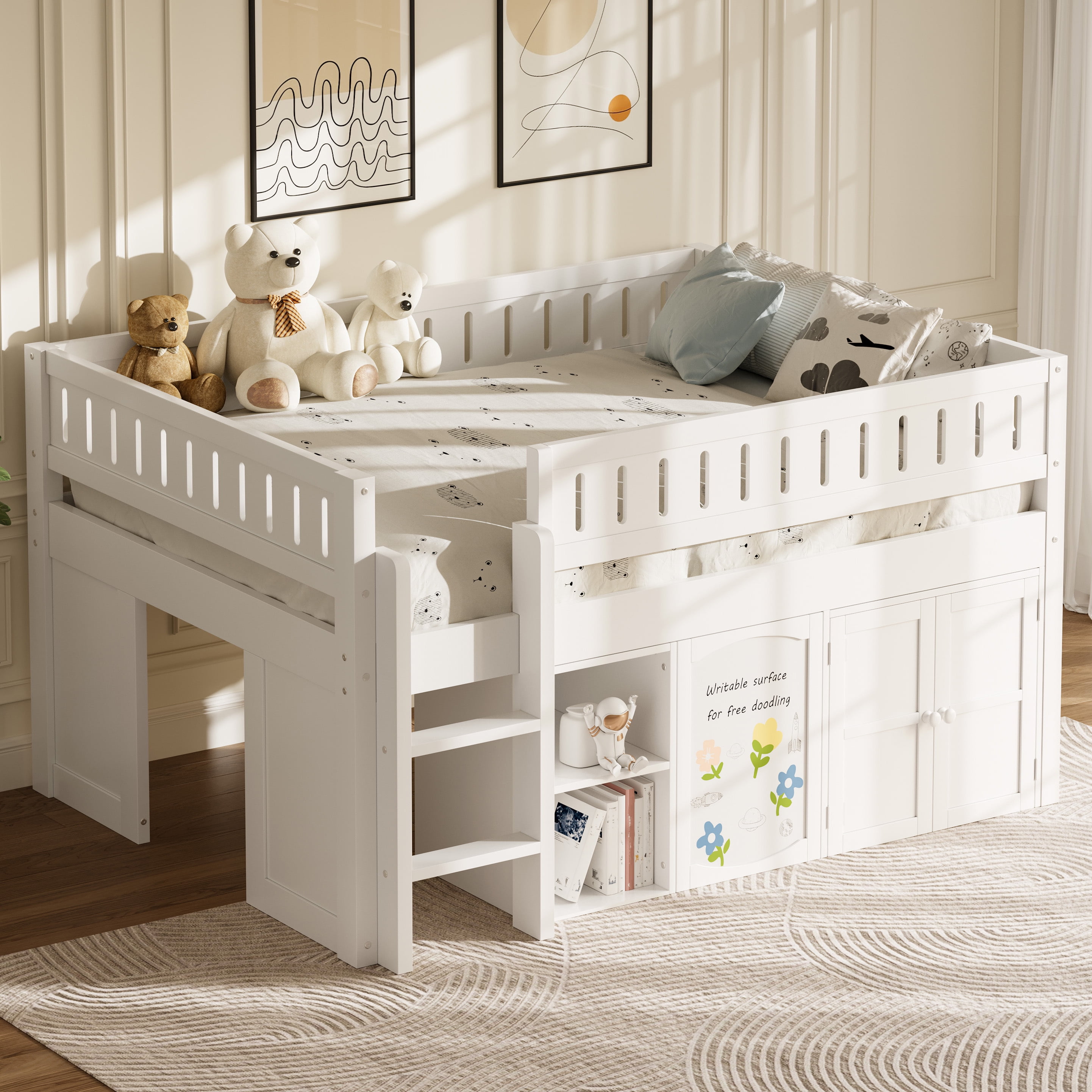 Euroco Wood Full Size Loft Bed with Chalkboard and Shelves, Cabinet for Kids Teens, White