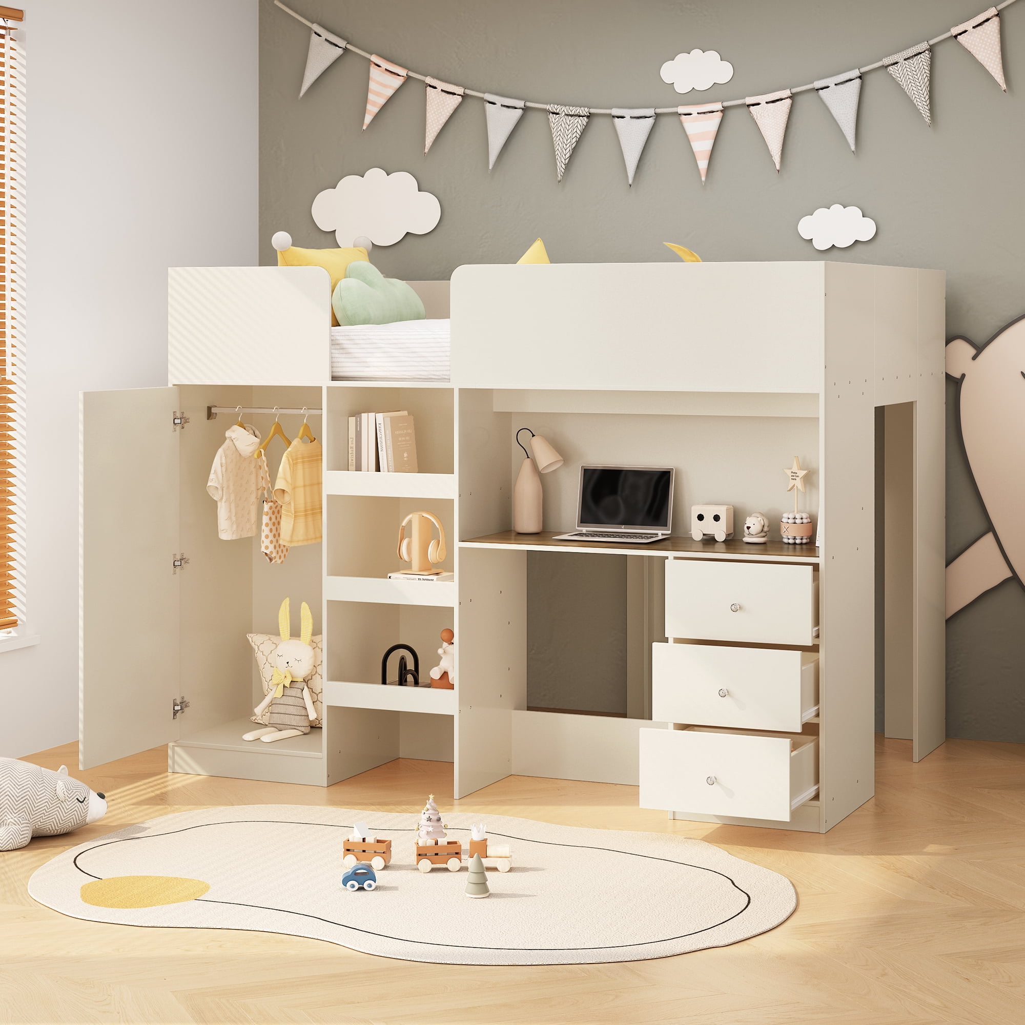Euroco Wood Full Size Loft Bed with Wardrobe and Desk, 3 Drawers and Shelves for Kids Teens, Beige