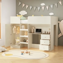 Euroco Wood Full Size Loft Bed with Wardrobe and Desk, 3 Drawers and Shelves, Beige