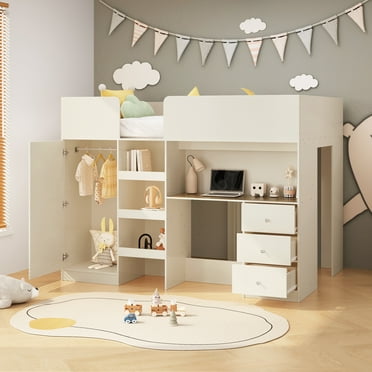 Euroco Wood Full Size Loft Bed with Wardrobe and Desk, 3 Drawers and Shelves, Beige