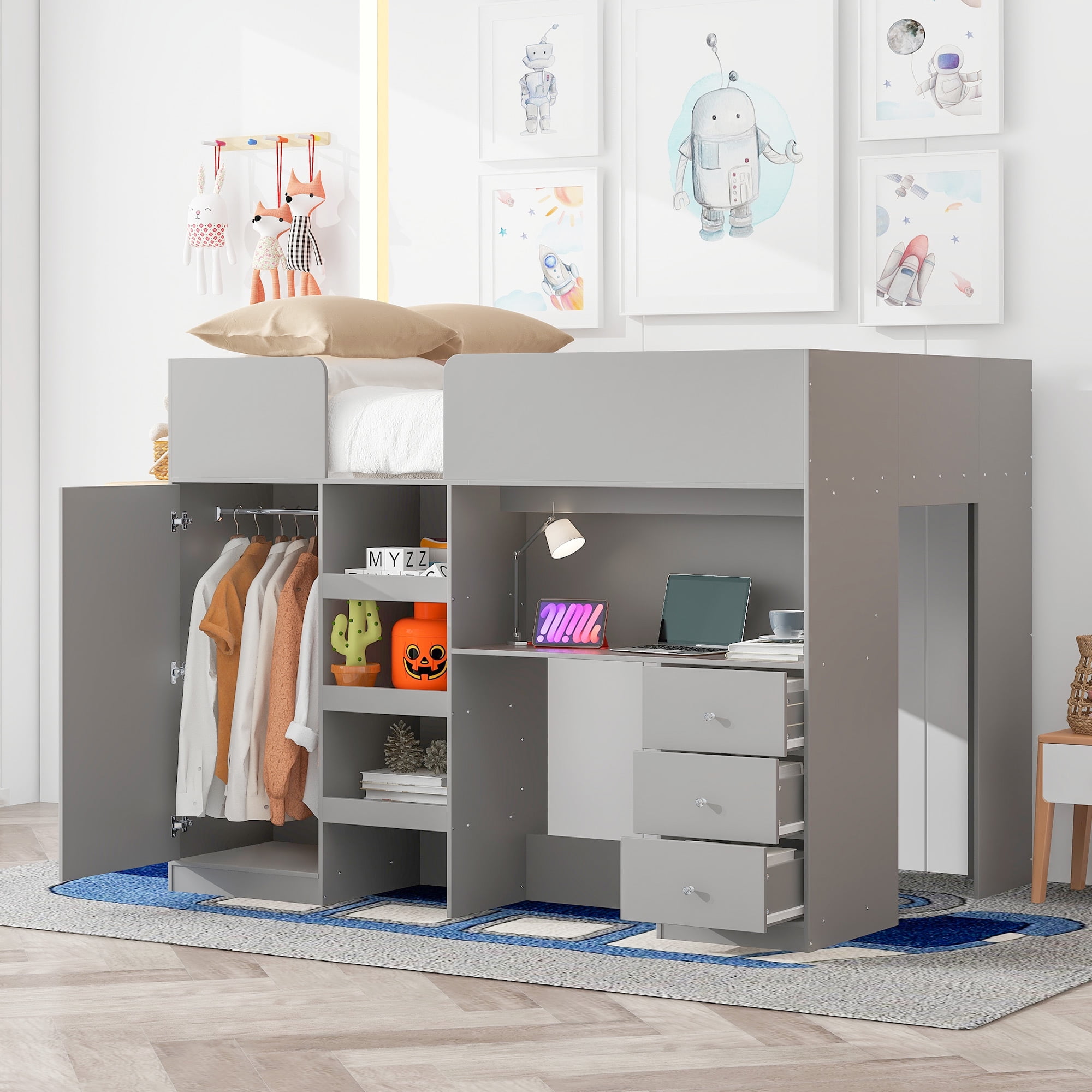 Euroco Wood Full Size Loft Bed with Wardrobe and Desk, 3 Drawers and Shelves for Kids Teens, Gray