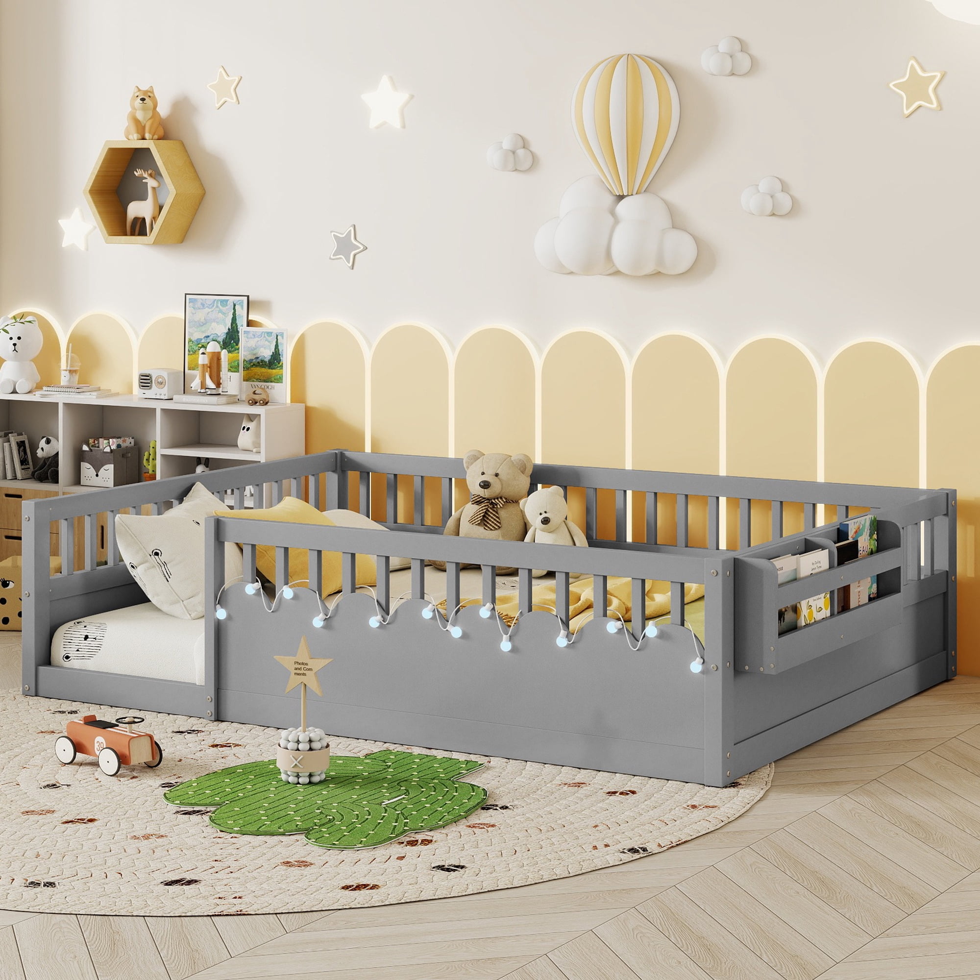 Euroco Wood Full Size Montessori Floor Bed with Guardrails and LED Light, Kids Bed with Storage Shelves, Gray
