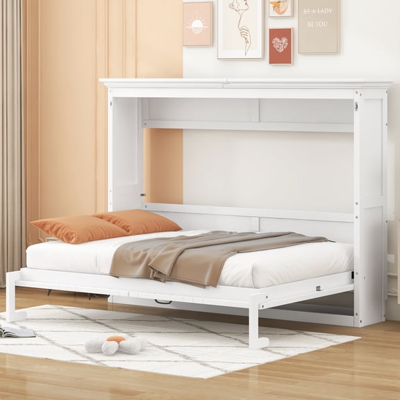 Euroco Wood Full Size Murphy Bed, Convertible Bed with Cabinet, White