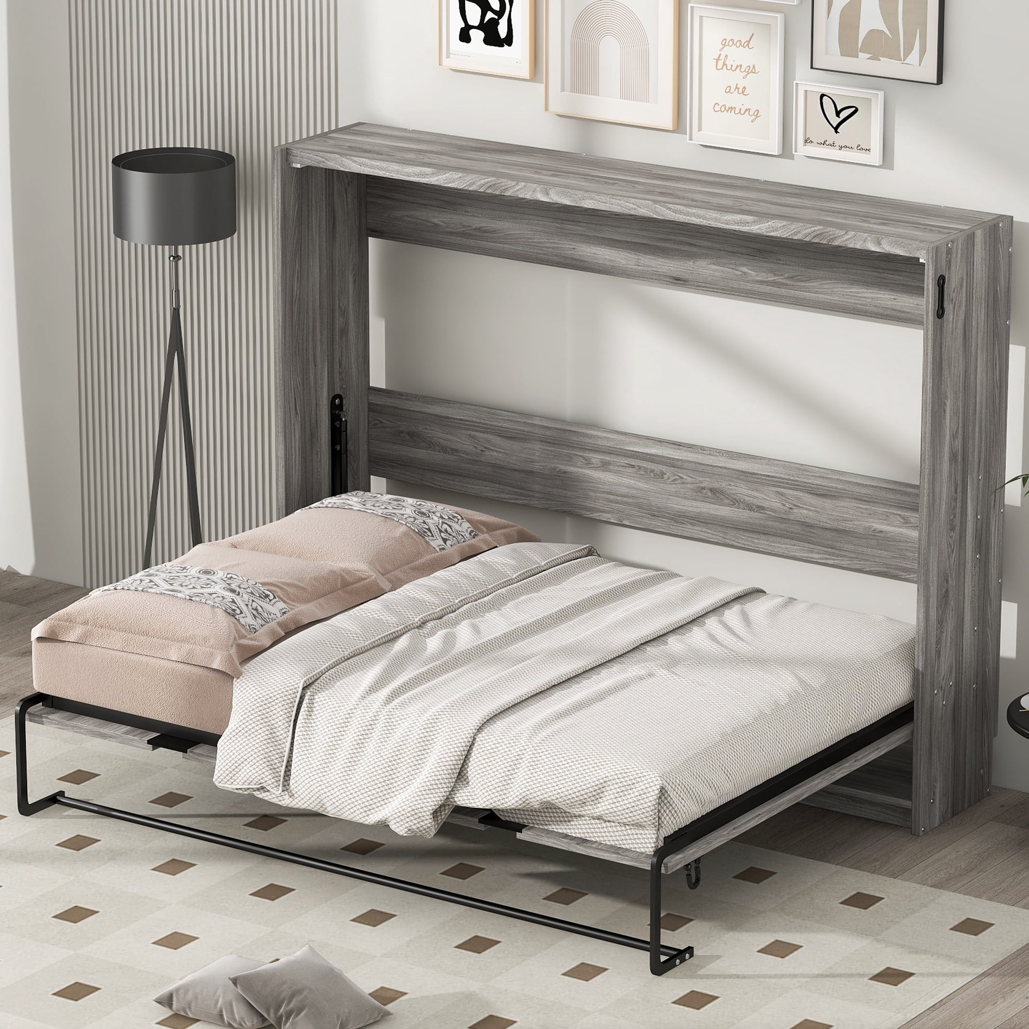 Euroco Wood Full Size Murphy Bed, Convertible into Cabinet, Gray