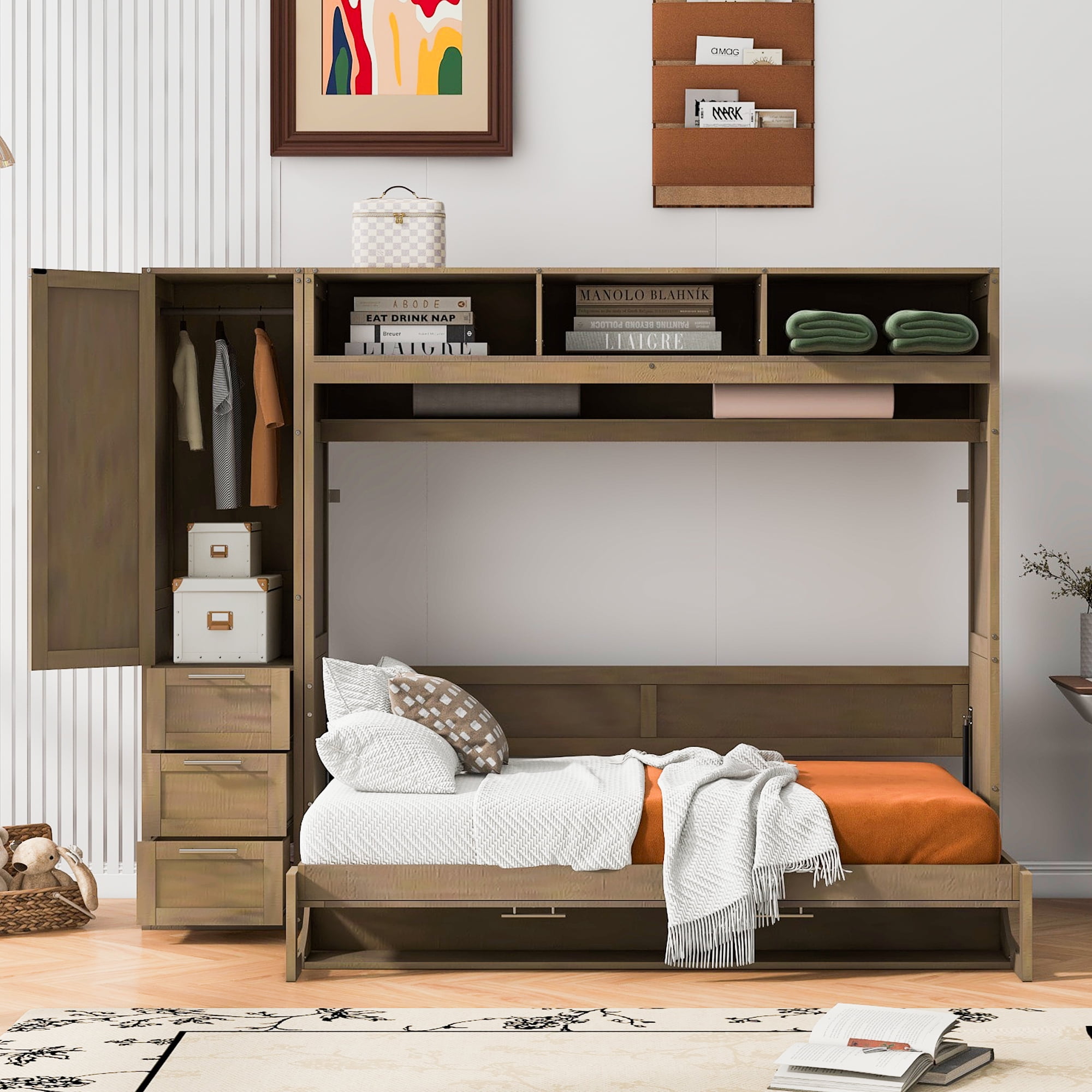 Euroco Wood Full Size Murphy Bed, Wall Bed with Wardrobe and Drawers for Kids Adults, Antique Wood