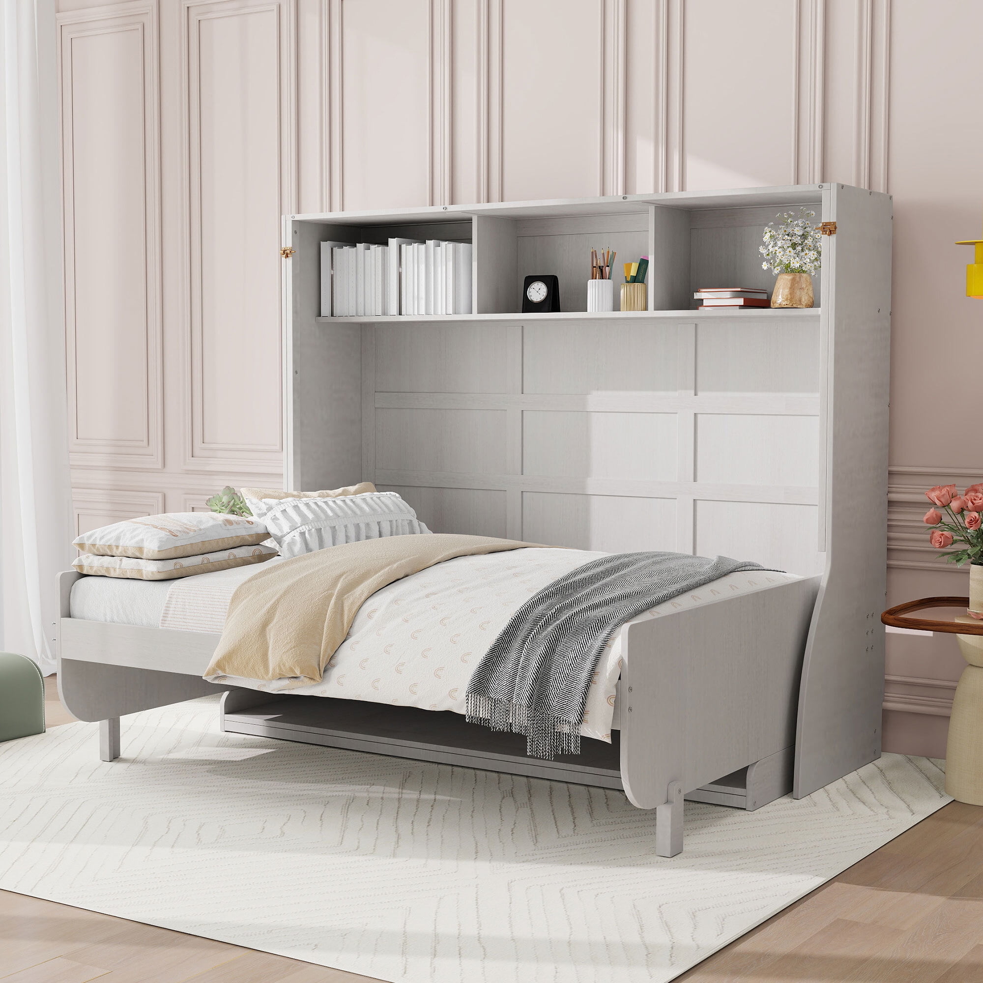 Euroco Wood Full Size Murphy Bed with Desk, Cabinet Bed with Shelves, Antique White