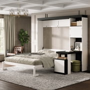 Euroco Wood Full Size Murphy Bed with Desk and Storage Shelves, Convertible Wall Bed with Drawers and Cabinets, No Box Spring Needed, White