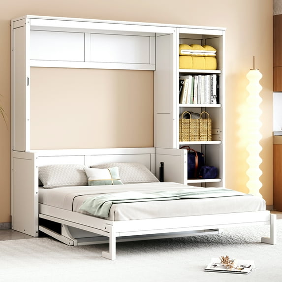 Euroco Wood Full Size Murphy Bed with Shelves and Cabinets, Convertible Wall Bed with Bookcase, White
