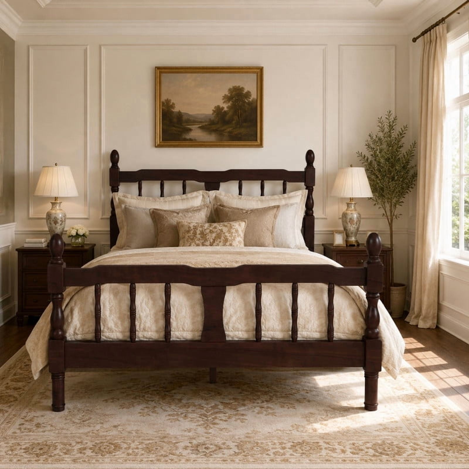 Euroco Wood Full Size Platform Bed Frame, Classic Farmhouse Bed Frame with Spindle Headboard, Dark Walnut