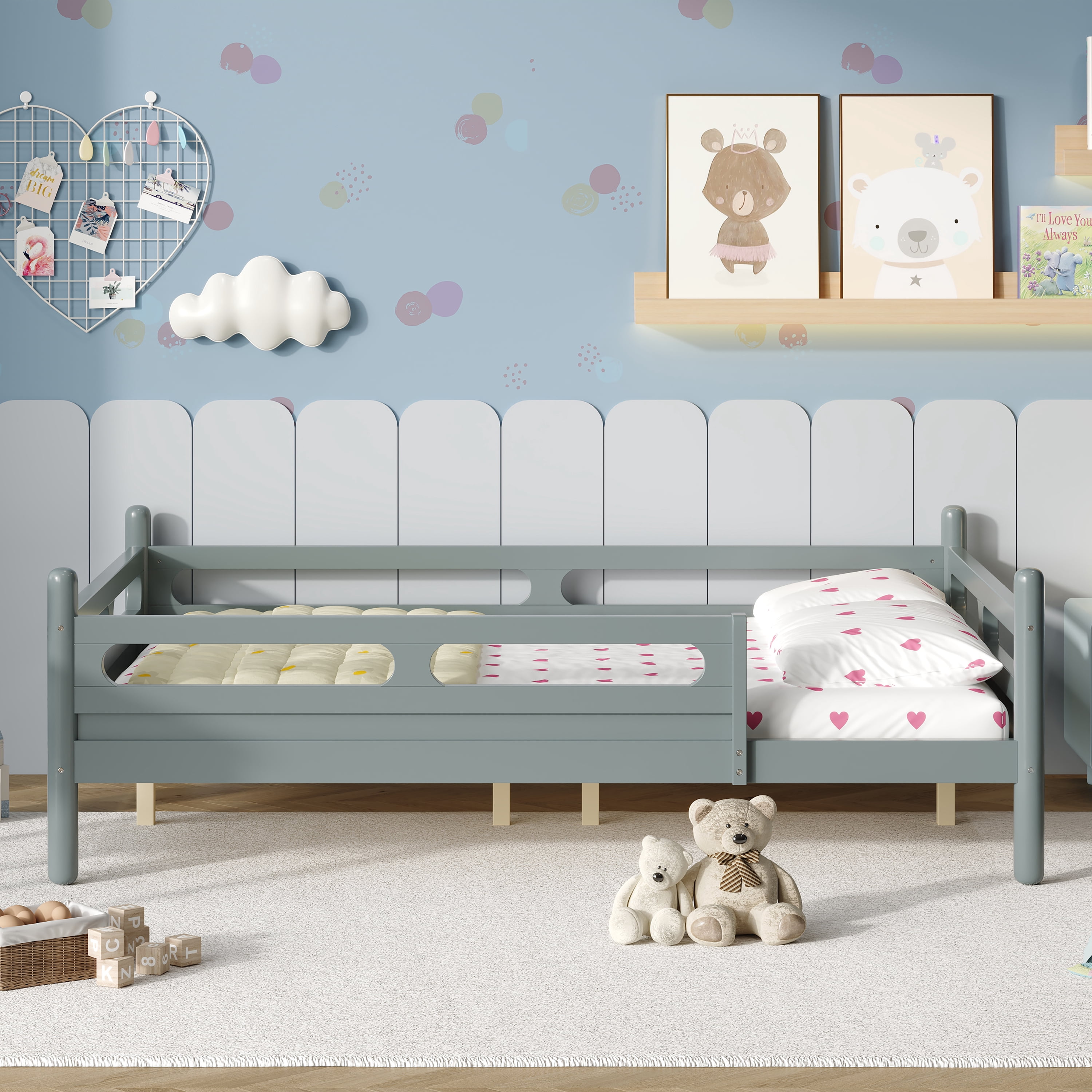 Euroco Wood Full Size Platform Bed, Low Profile Bed with Guardrails and Slats Support, Grey