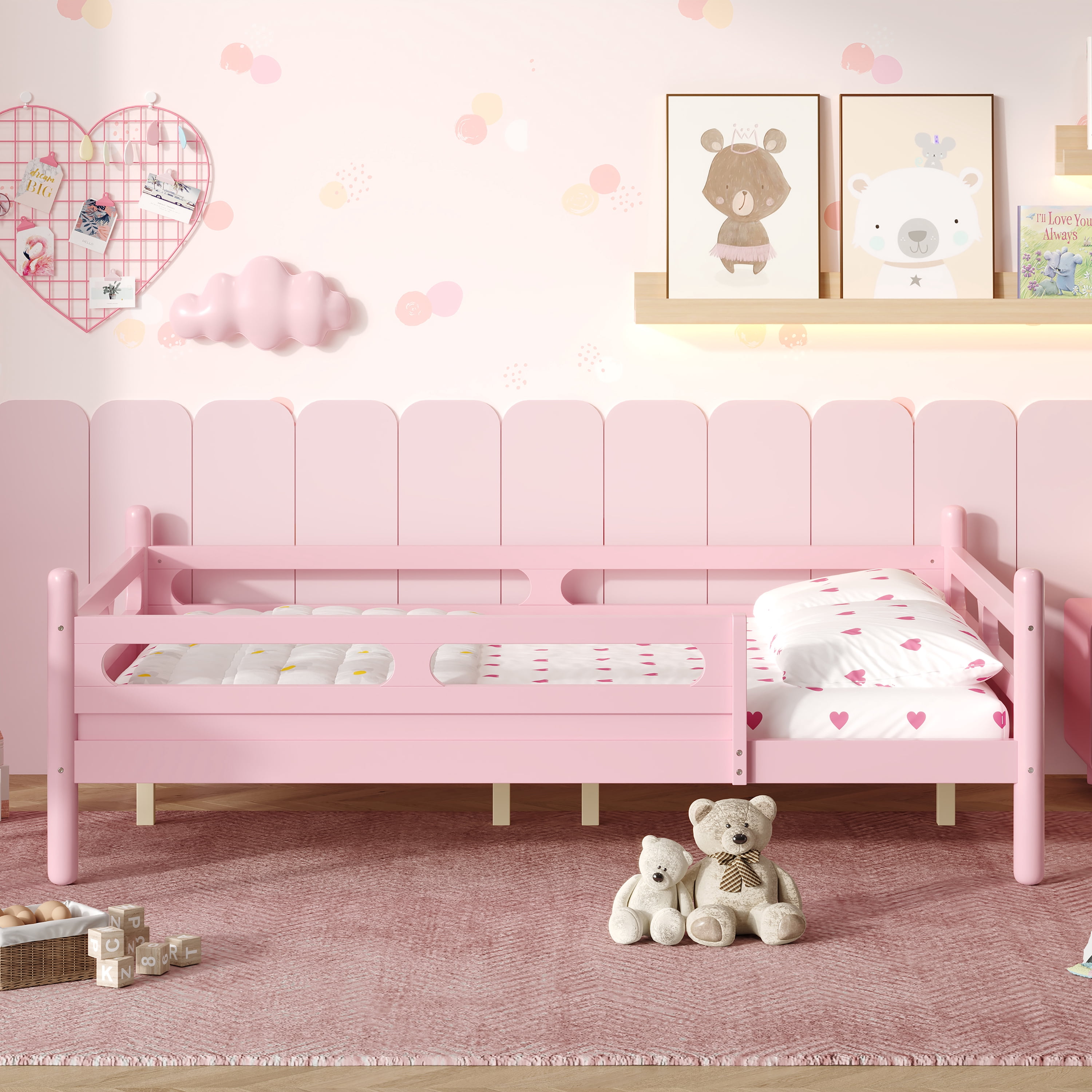 Euroco Wood Full Size Platform Bed, Low Profile Bed with Guardrails and Slats Support, Pink