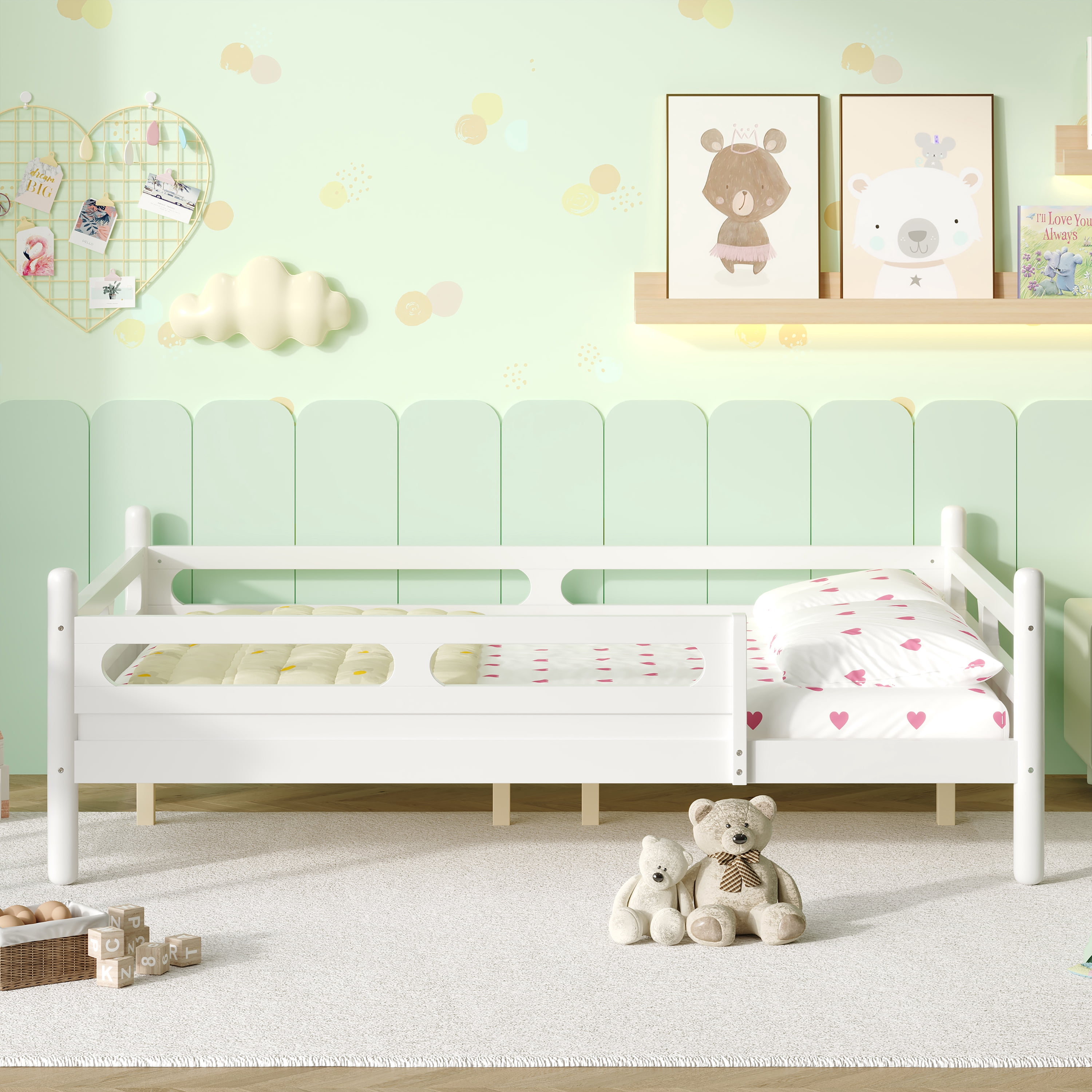 Euroco Wood Full Size Platform Bed, Low Profile Bed with Guardrails and Slats Support, White