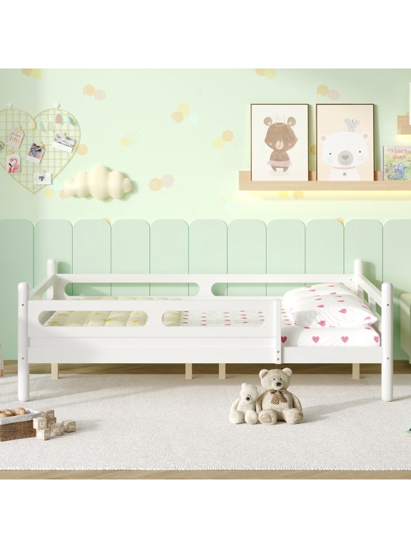 Wood Full Size Platform Bed, Low Profile Bed with Guardrails and Slats Support, White