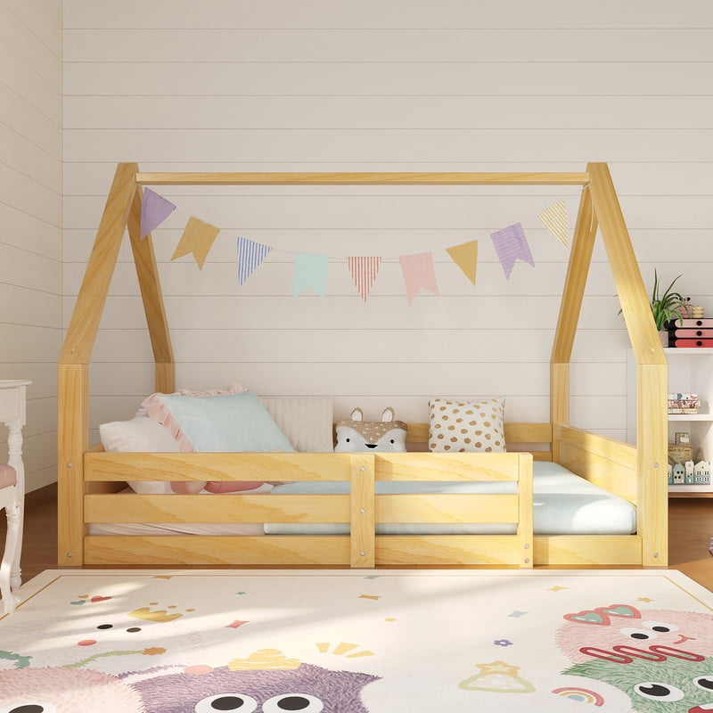 Euroco Wood Full Size Platform Bed, Low Profile House Floor Bed with Guardrails, White