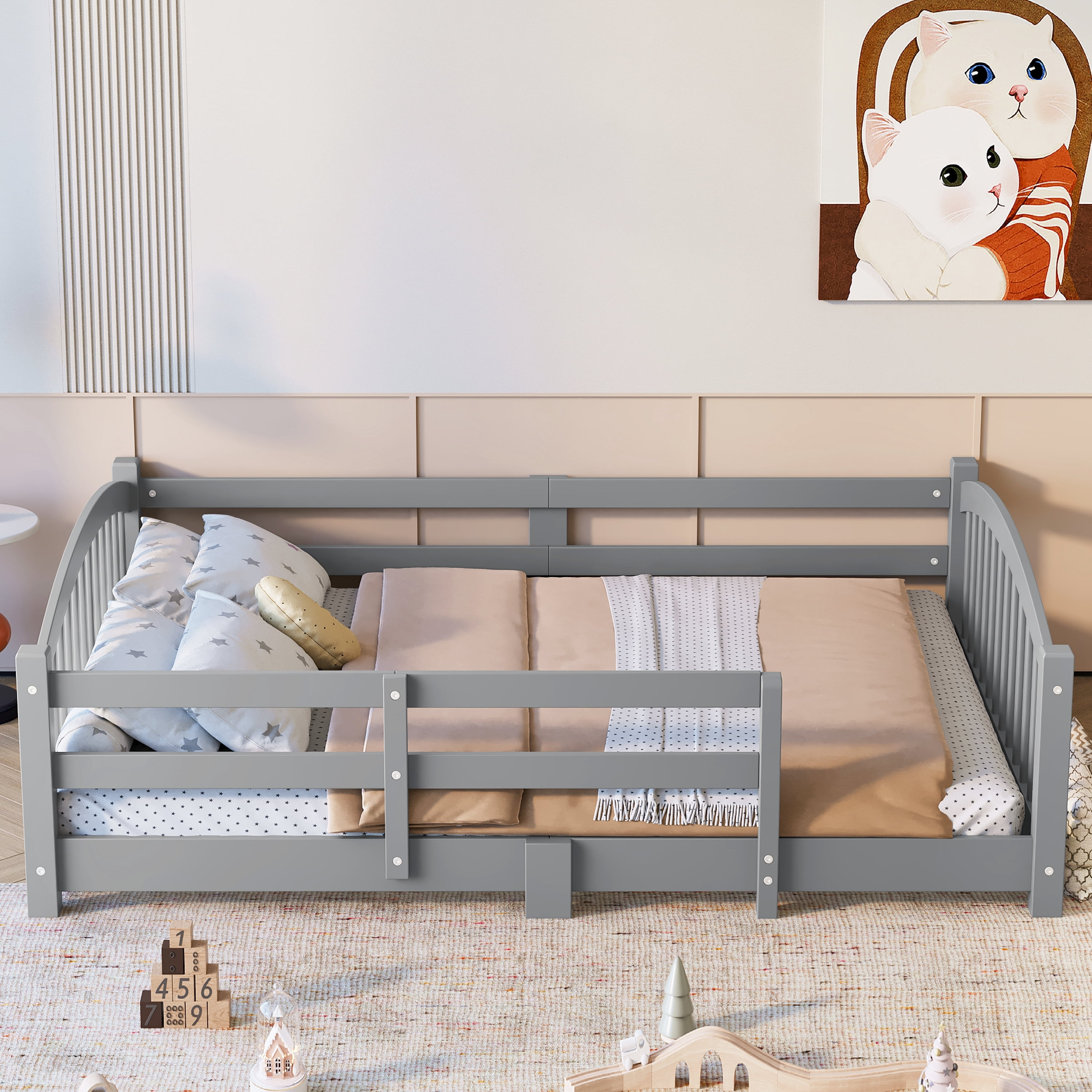 Euroco Wood Full Size Platform Bed, Montessori Floor Bed with Safety Guardrails, Gray