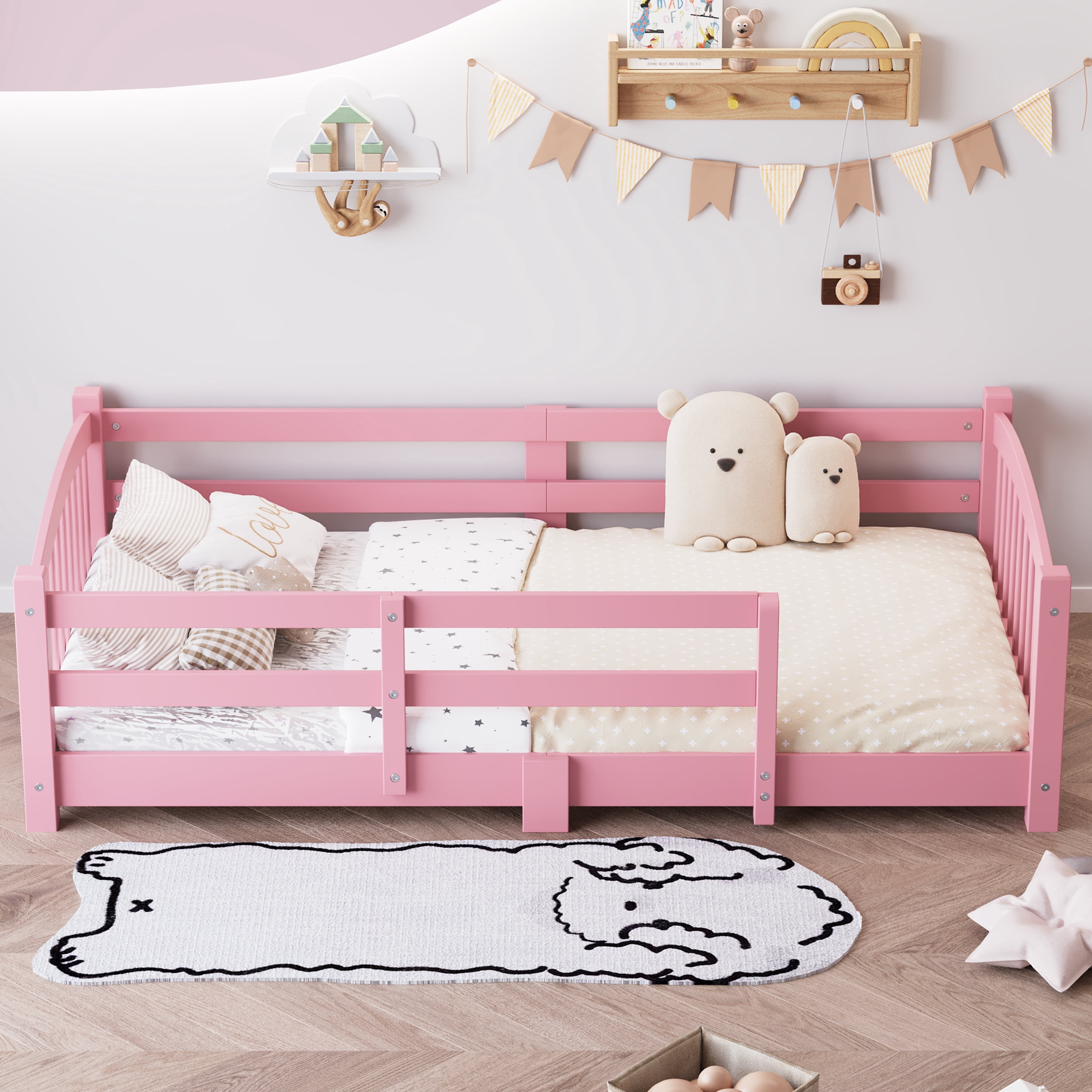 Euroco Wood Full Size Platform Bed, Montessori Floor Bed with Safety Guardrails, Pink