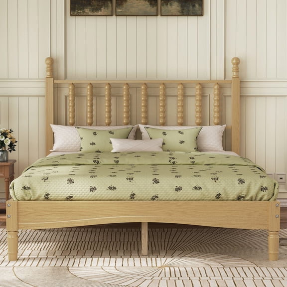 Euroco Wood Full Size Platform Bed, Retro Style Bed with Gourd Shaped Headboard, Natural