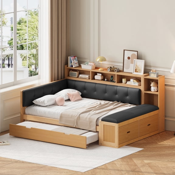 Euroco Wood Full Size Daybed with Trundle and Drawers, Storage Bed with Upholstery Bench and Headboard, Charging Station and Shelves, Natural