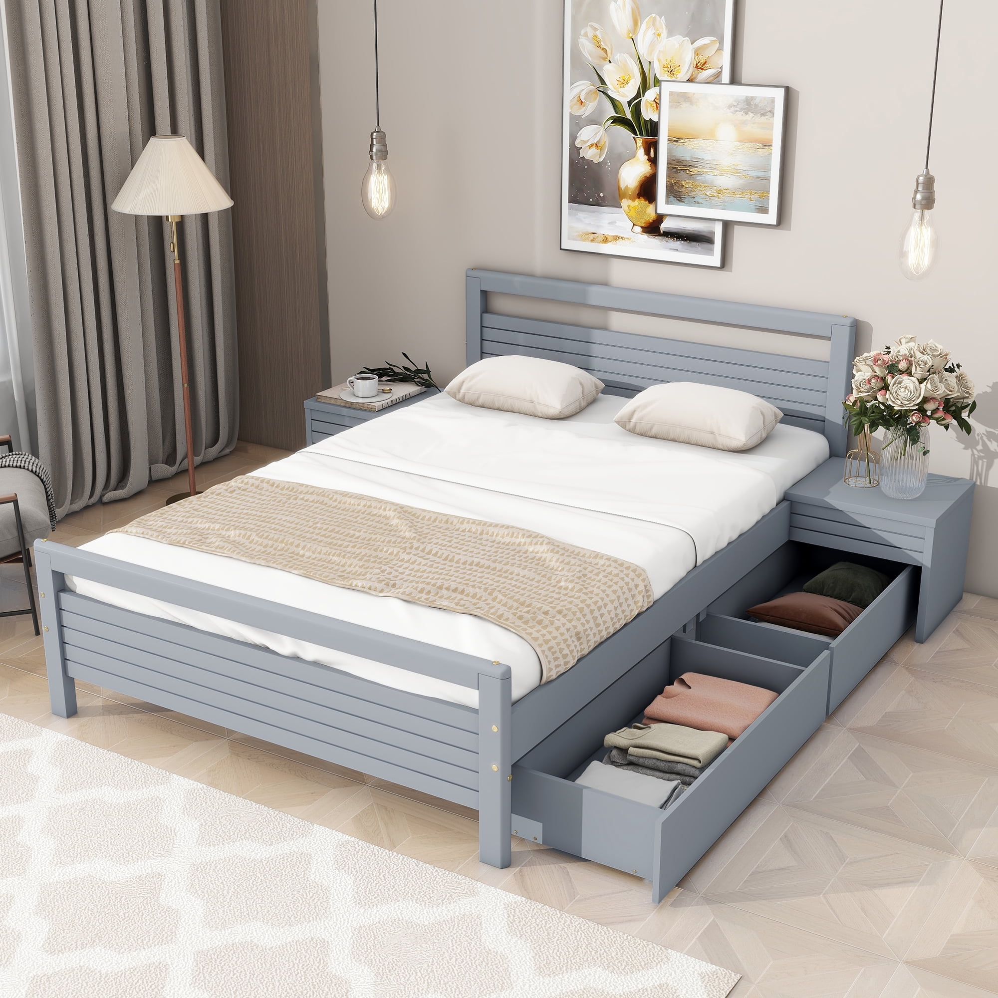 Euroco Wood Full Size Platform Bed with 2 Bedside Tables and Drawers for Adults, Gray