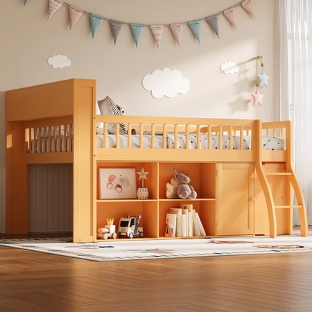 Euroco Wood Full Size Loft Bed with Storage Shelves and LED Light, Natural