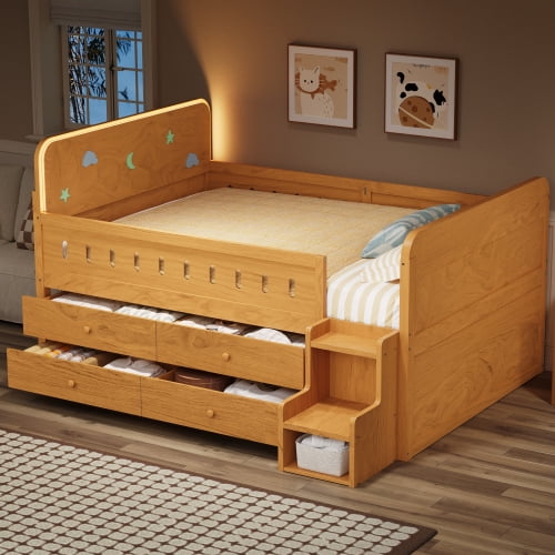 Euroco Wood Full Size Platform Bed with 4 Drawers and LED Light, Low Profile Kids Bed with Storage, White