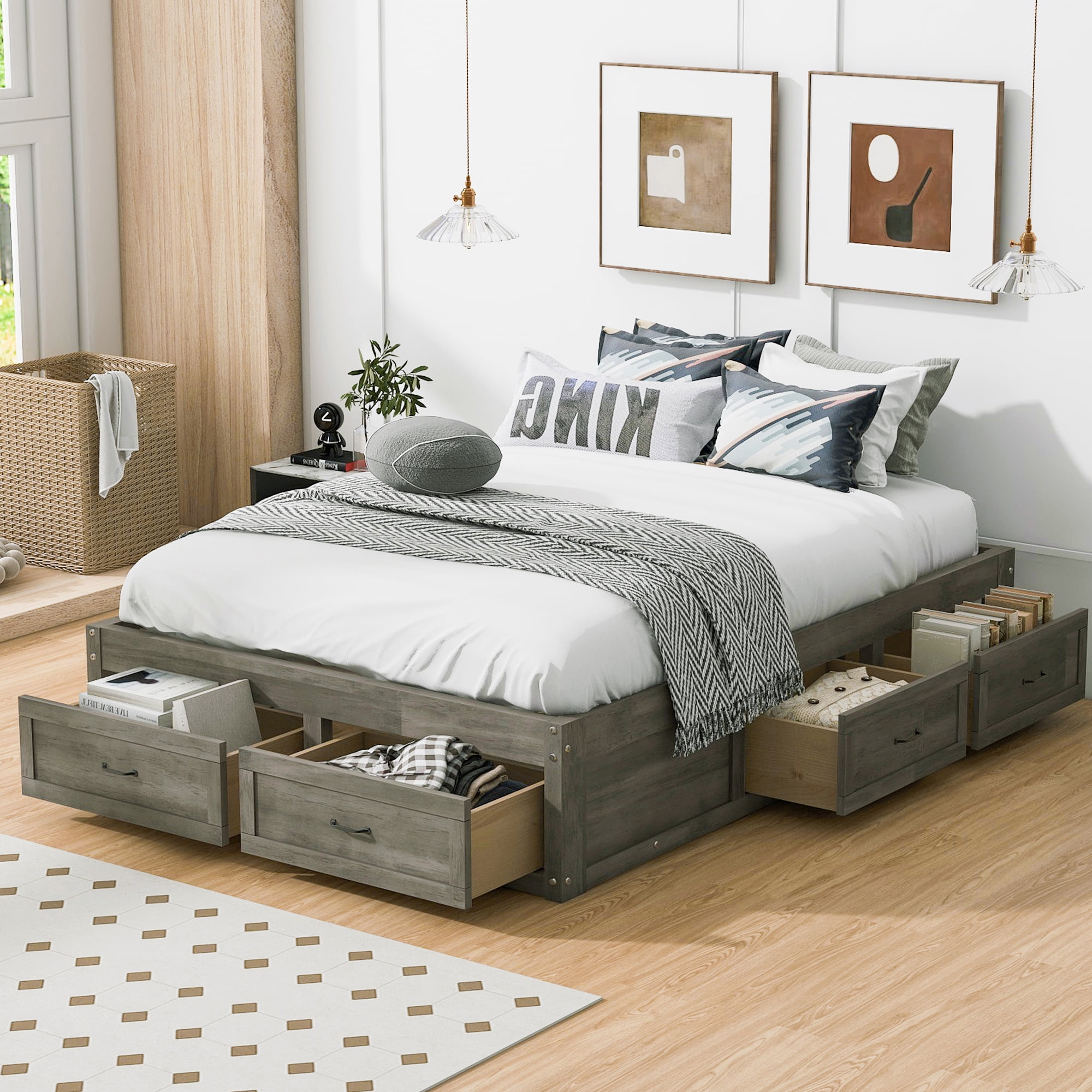 Euroco Wood Full Size Platform Bed with 6 Drawers for Kids Teens Adults, Antique Gray