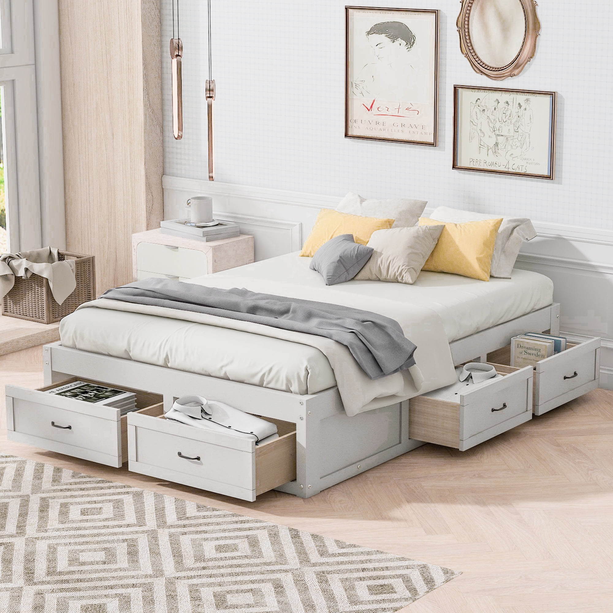 Euroco Wood Full Size Platform Bed with 6 Drawers for Kids Teens Adults, Antique White